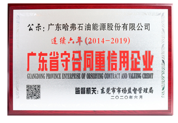 哈弗润滑油连续六年荣获“广东省守合同重信用企业”称号