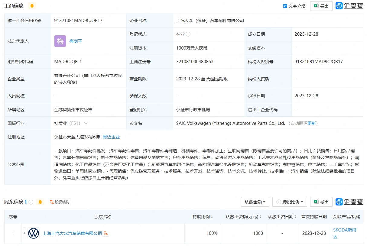 上汽大众在仪征成立汽车配件公司