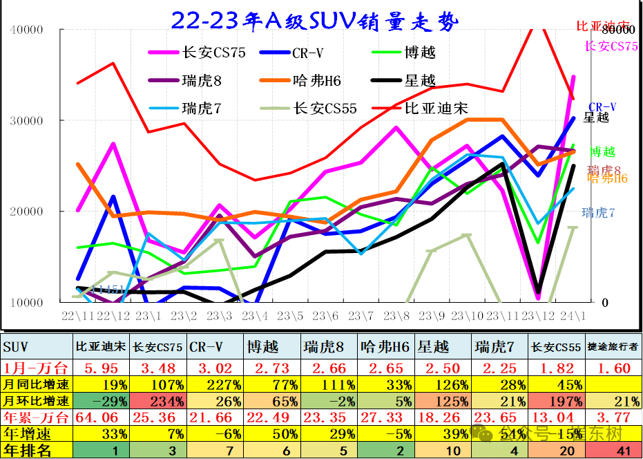 1月乘用车细分市场车型走势