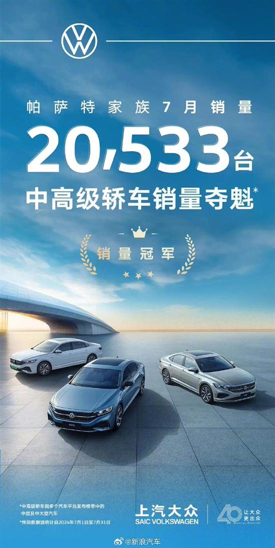 上汽大众帕萨特家族7月销量20533辆