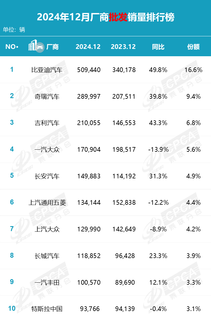 2024年12月乘用车销量排行榜