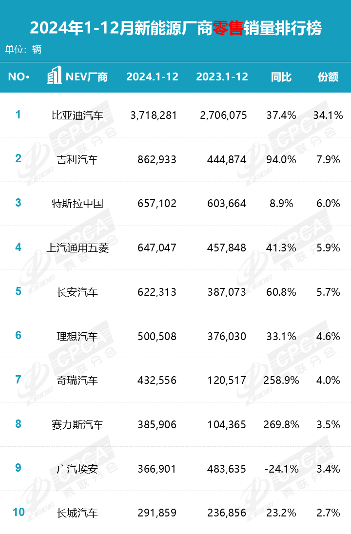 2024年12月乘用车销量排行榜